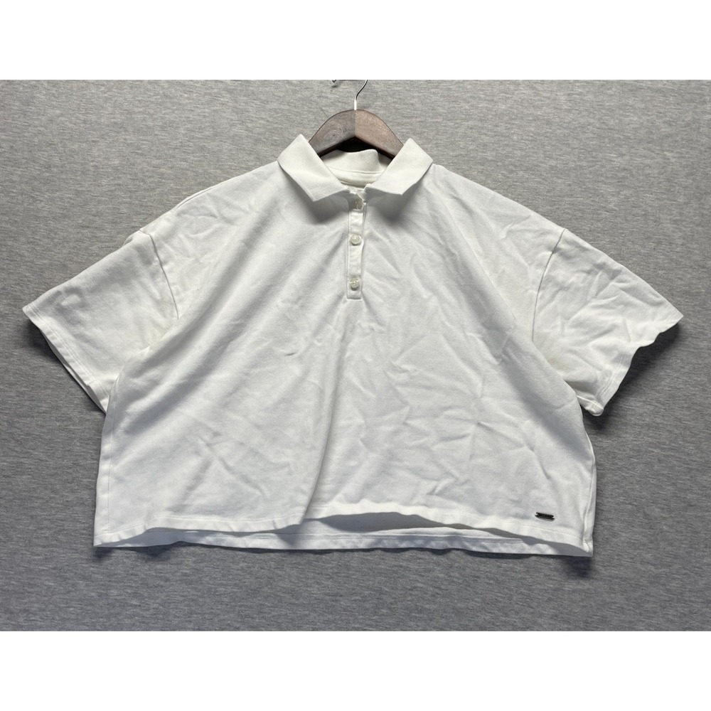 Hollister Cropped Polo Shirt Womens Large‎ White Cotton Oversized Drop Shoulder